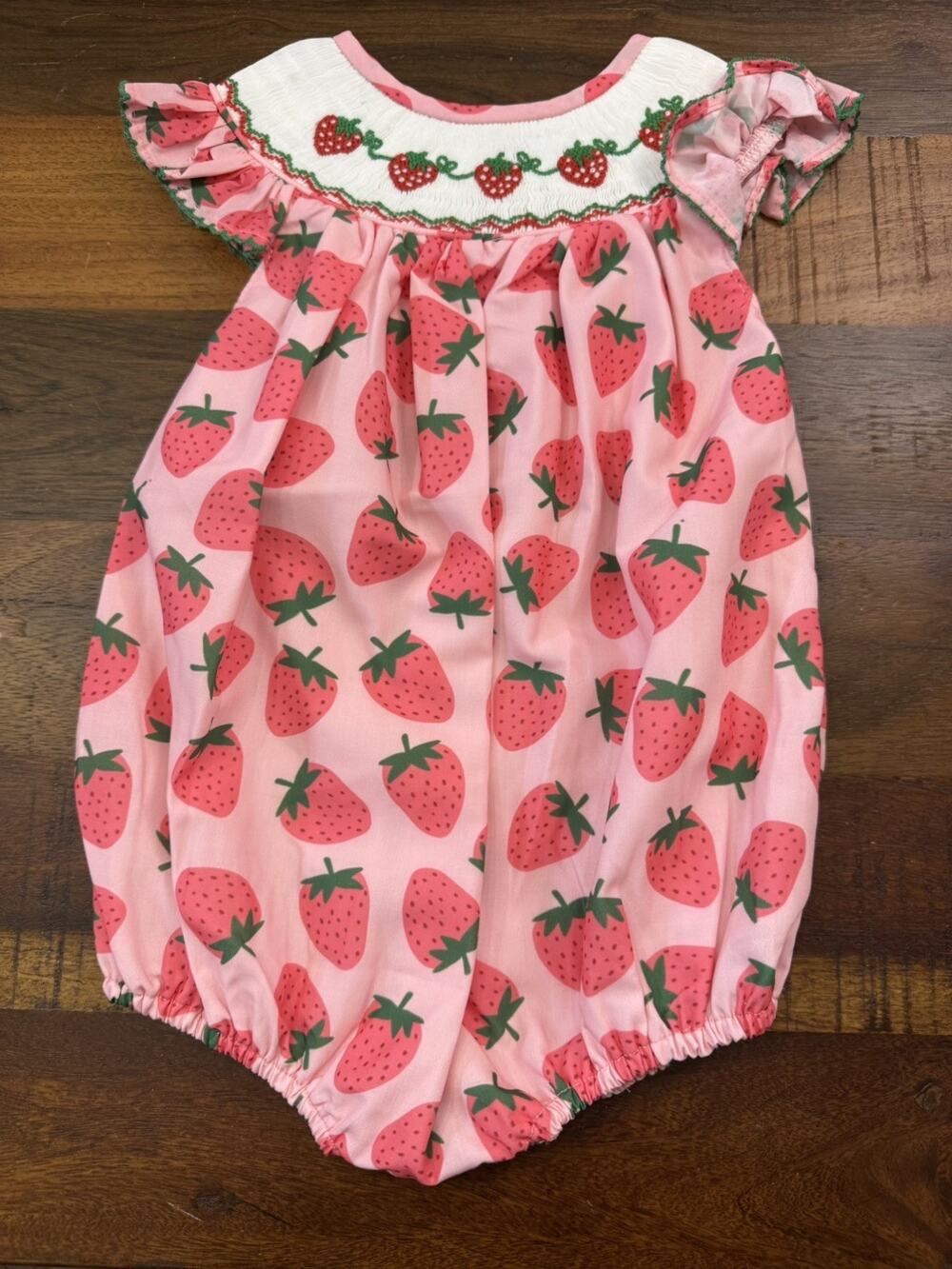 Poppy Kids Co Strawberry Smocked Bubble Romper Baby Girl Size 9M